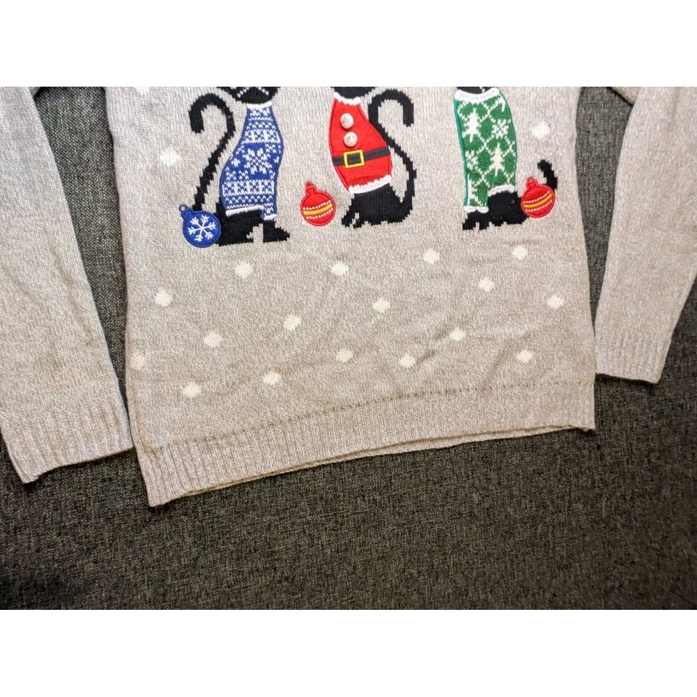 Karen Scott‎ Christmas Cats Sweater 3D Gray Knit Grandmacore Women's Large L - Picture 3 of 7
